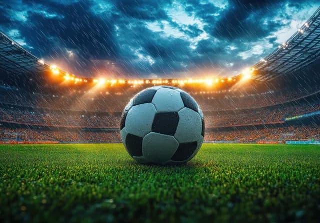 Soccer ball centered on green pitch under stormy stadium lights and swirling rain clouds