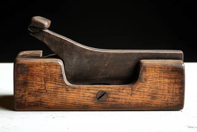 Vintage wooden hand plane tool with dark metal blade resting against a black background.