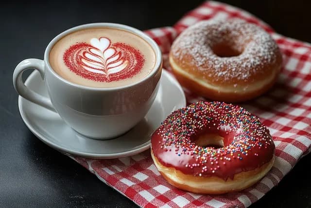 White latte cup with heart-shaped foam art beside two glazed donuts on a red checkered cloth.