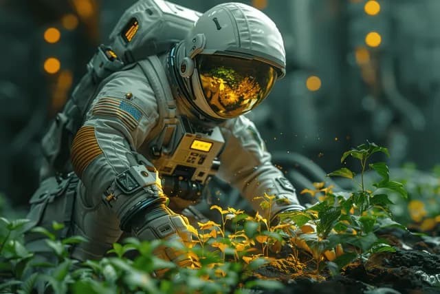 Astronauta cuida de mudas em uma estufa de fazenda espacial com névoa nutritiva brilhante