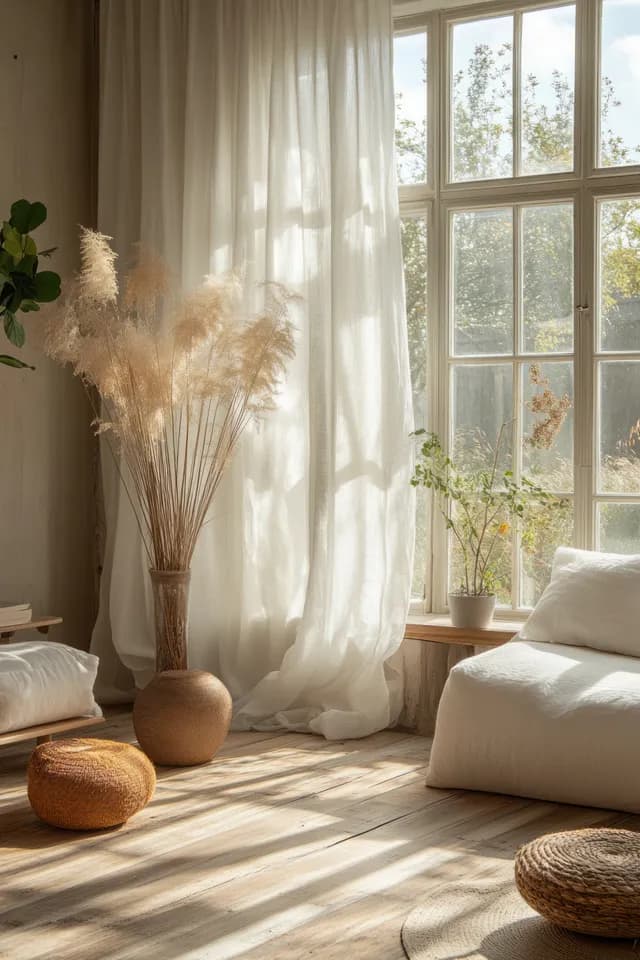 Minimalist living room interior with sunlight through windows, white curtains, neutral sofa cushions, and wooden floor.