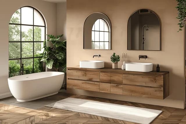 Sunlit modern bathroom with freestanding tub, double sink vanity, arched windows, and indoor plants.