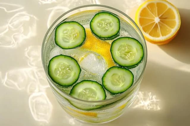 A glass of sparkling water topped with cucumber slices and lemon wedges with ice cubes visible.