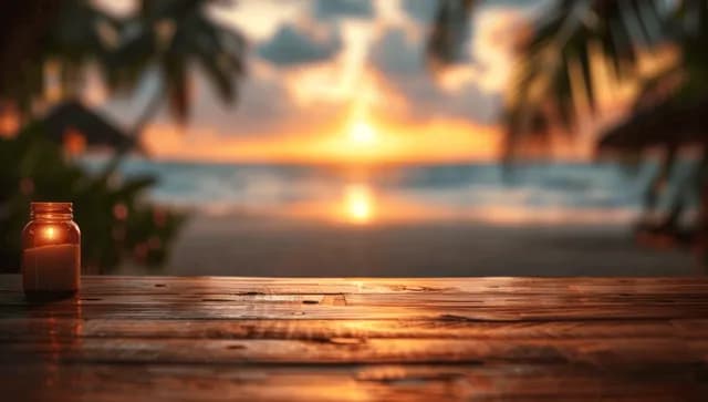 Candle in jar on wooden table beside blurred beach sunset and glowing ocean horizon