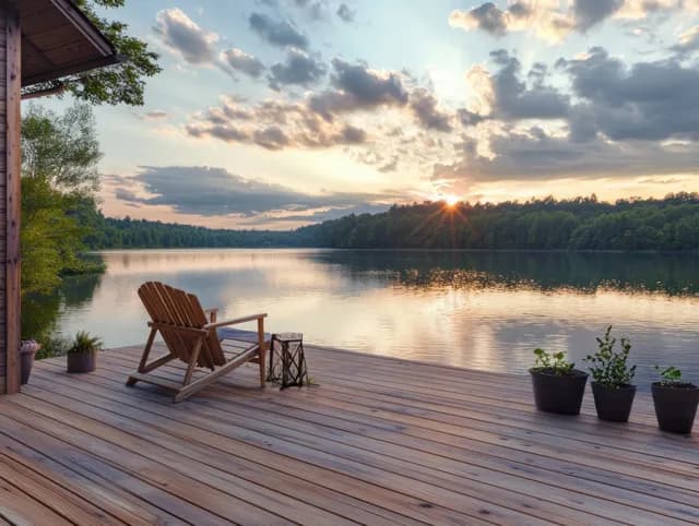 Lakeside wooden deck with a reclining chair overlooking calm water reflections at sunset