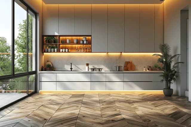 Modern kitchen interior with white cabinets, under-cabinet lights, herringbone wood flooring, and bright large windows.