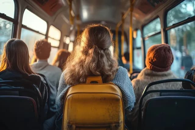 Passengers sit inside a retro bus as sunset light fills the cabin through the windows.
