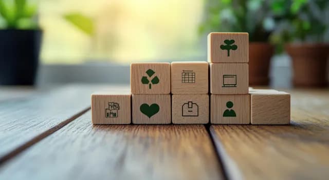 Blocos de madeira com ícones climáticos e pequeno símbolo de árvore sobre mesa para conceito de compensação de carbono