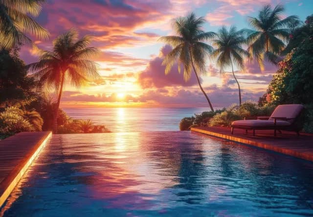 Sunset infinity pool with palm-lined lounge chairs overlooking the ocean’s pink-orange reflection