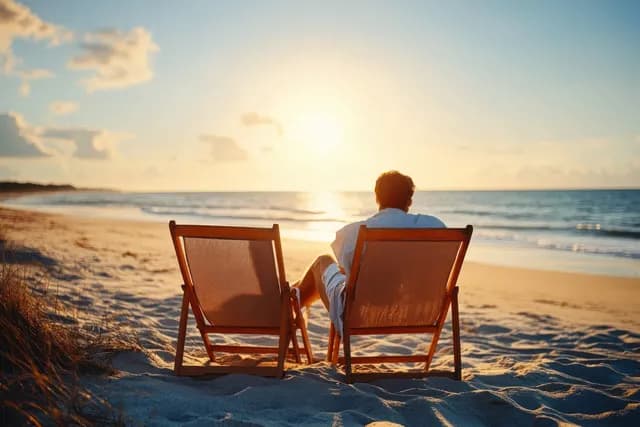 Lone person relaxing on wooden beach chairs watching a golden sunset over calm ocean