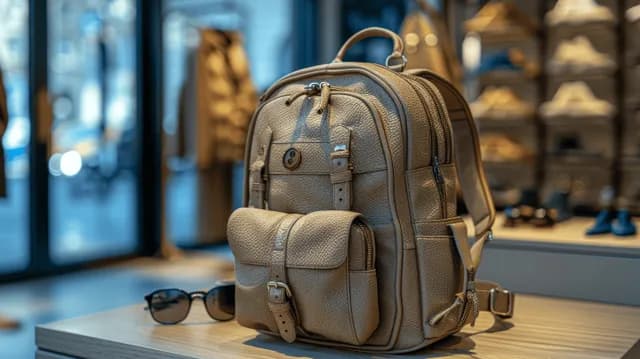Tan leather backpack with matching sunglasses on a boutique display table with softly blurred clothing racks behind it.