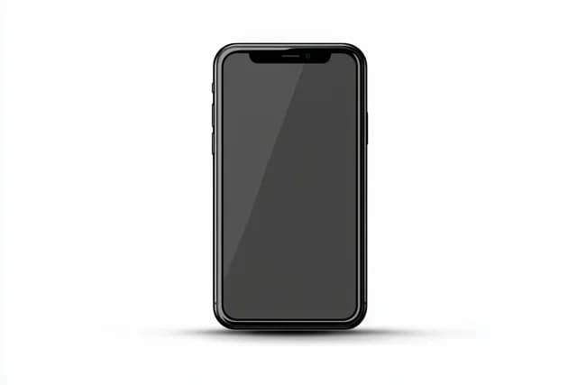 Black smartphone with blank screen standing upright on clean white background