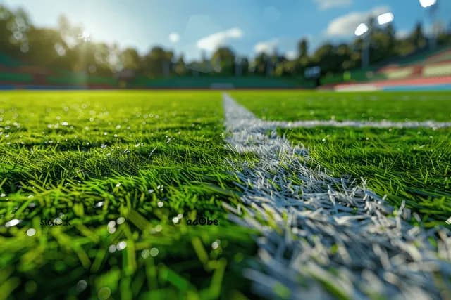 Close-up of green soccer pitch lines with stadium stands and lights in background