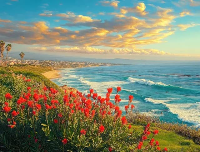 Red wildflowers in foreground overlooking ocean cliffs at sunset with soft clouds and gentle waves