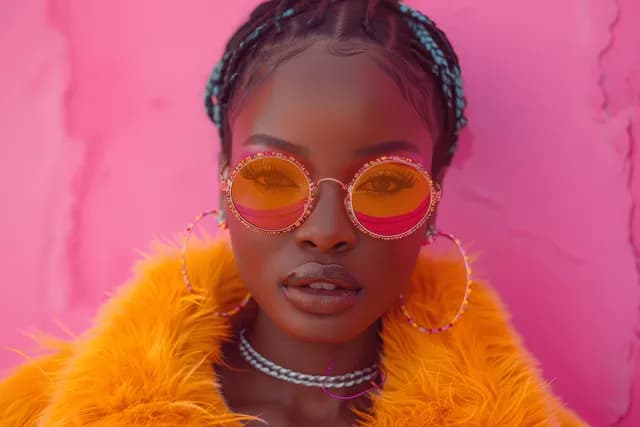 An African woman poses wearing sunglasses and an orange fur coat against a bright pink studio background.