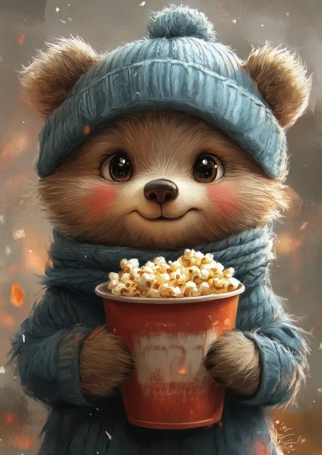 Cartoon bear wearing a blue hat and scarf holds a red popcorn bucket against a warm holiday background.