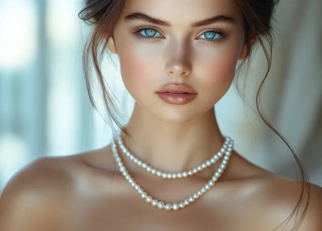 Woman wearing layered pearl necklaces with soft window light and a minimal blurred background.