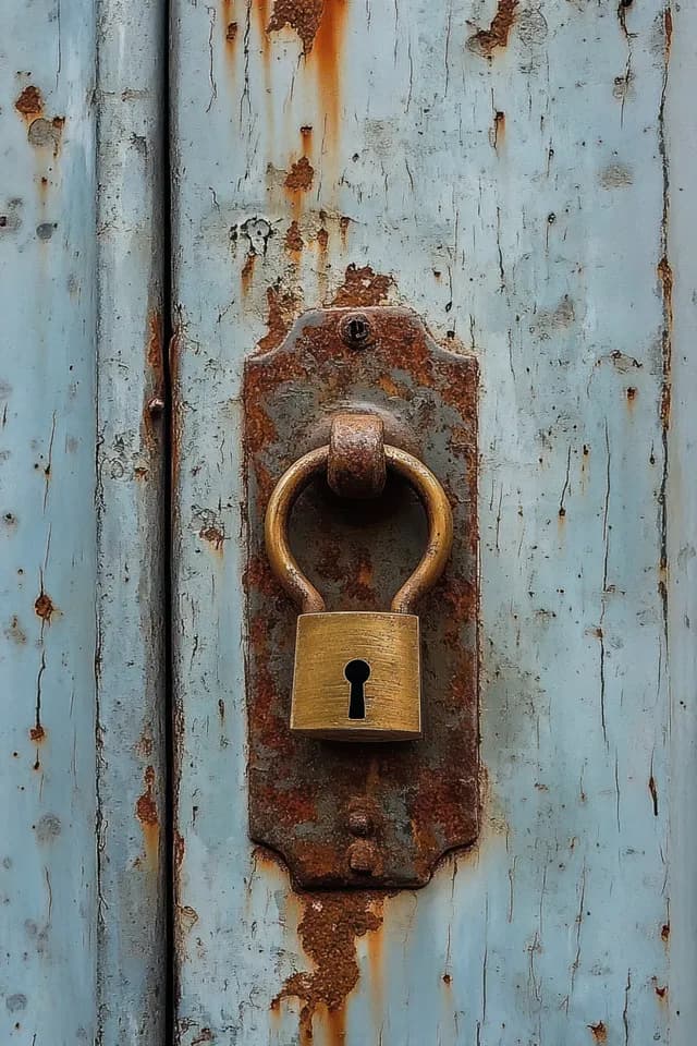 A rusty padlock is attached to a weathered blue metal door with flaking paint and visible corrosion.