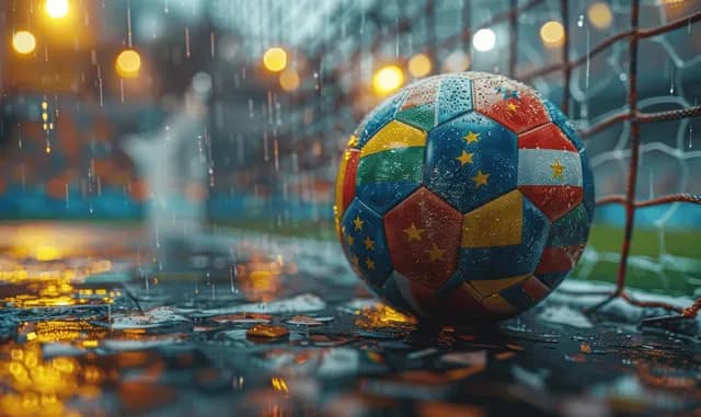 Euro soccer goal celebration with ball and confetti in a floodlit stadium arena