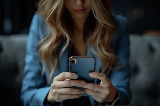 Businesswoman Checking Smartphone at Desk in Dimly Lit Office Setting