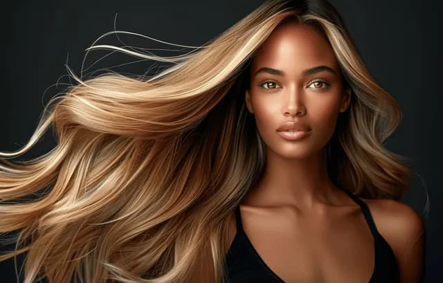 Elegant woman with windblown blonde waves posing on a dark studio background with a visible shoulder.