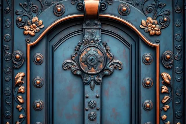 Dark teal metal door with embossed rosettes, golden floral trim, and rivet-studded ornamental border.