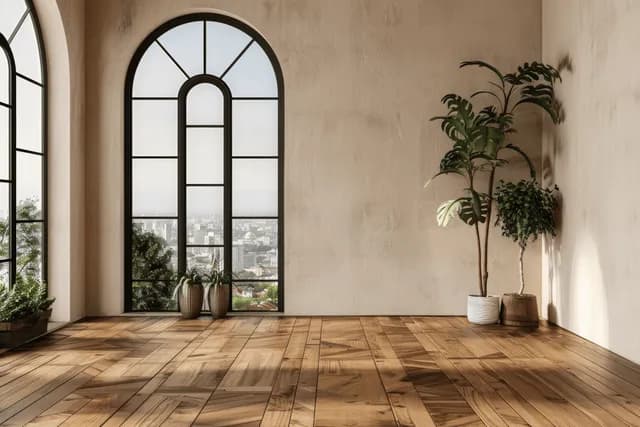 Sunlit empty room with arched windows, wooden floor planks, and potted plants arranged near the glass.