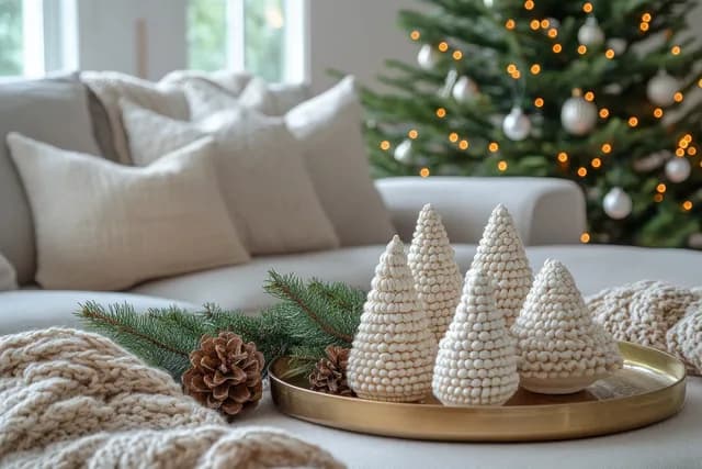 White ceramic mini Christmas trees sit on a tray beside a sofa, with softly lit Christmas tree lights in the background.