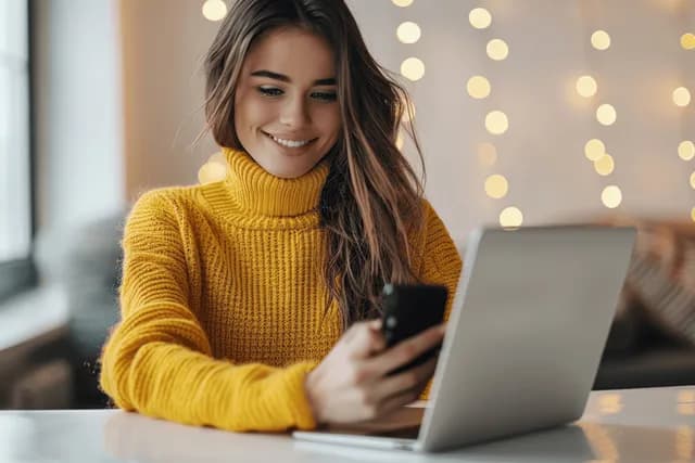 Smiling woman in yellow sweater typing on laptop while holding smartphone at white table with Work From Anywhere
