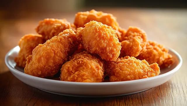 Crispy golden fried chicken nuggets are piled on a white plate on a warm wooden table under soft light.