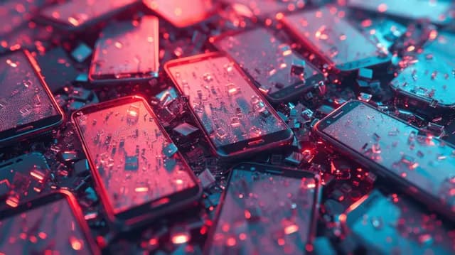 Stack of broken smartphones with blank screens and exposed parts on dark tech table