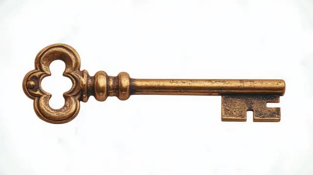An antique brass key with an ornate bow and worn surface isolated on a white background.