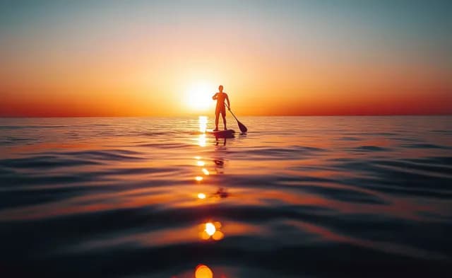 Silhouette paddleboarder gliding across calm water at sunset with golden horizon light