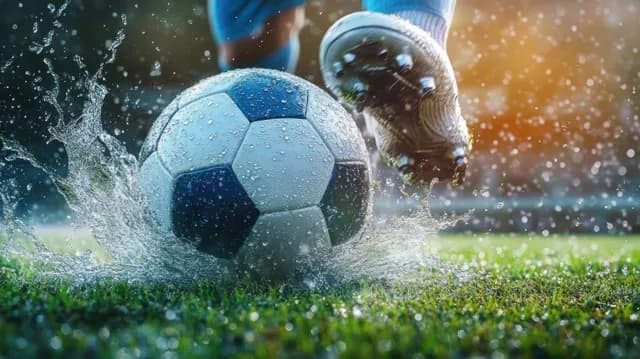 Soccer player kicking a ball low on the grass at night, splashing turf