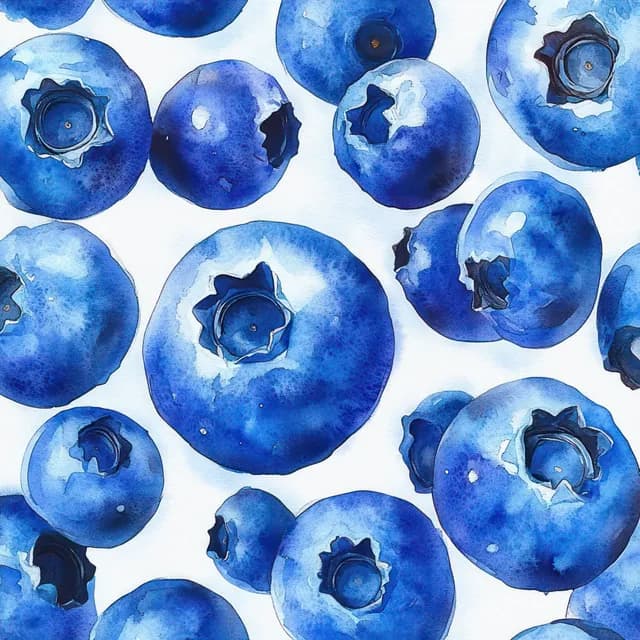 Multiple ripe blueberries with dark blue stems arranged on a white watercolor-like background.