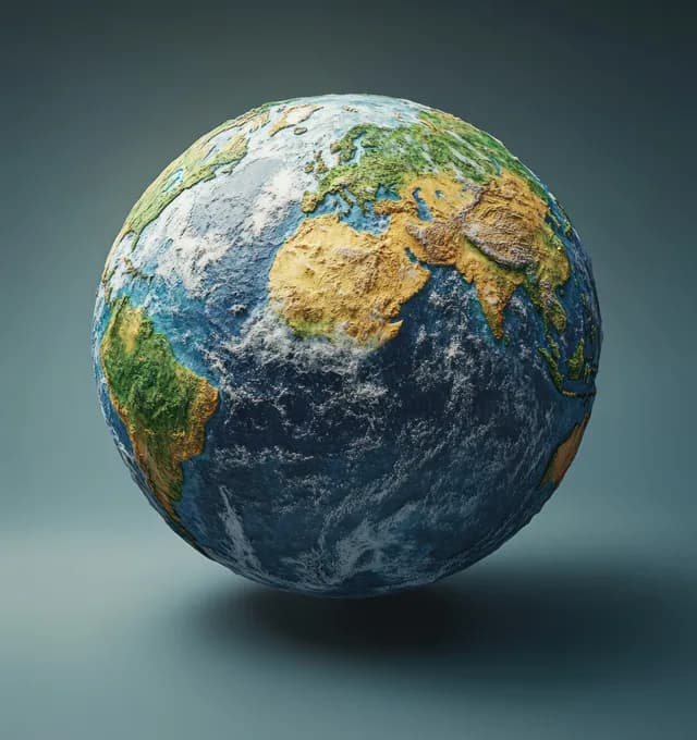 Globo terrestre hiper-realista mostrando continentes e oceanos detalhados sob luz solar quente