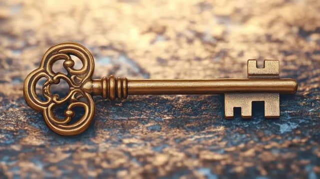 Ornate brass key with engraved bow lies on a textured blue stone surface under warm light.