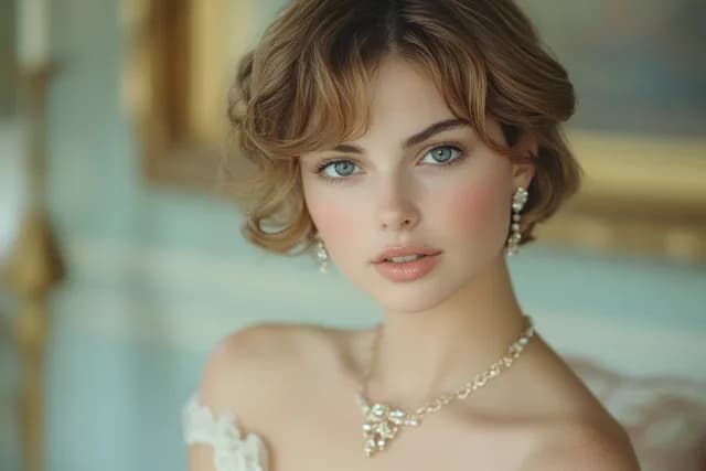 Woman with short wavy hair wearing a gold necklace and earrings in soft natural light.
