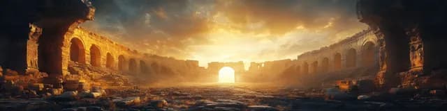 Colunata romana antiga ao pôr do sol com raio de sol sobre pódio de mármore e palco vazio