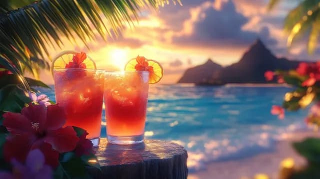 Two tropical cocktails with lemon slices and hibiscus flowers on a wooden stump at a beach sunset with ocean waves behind.