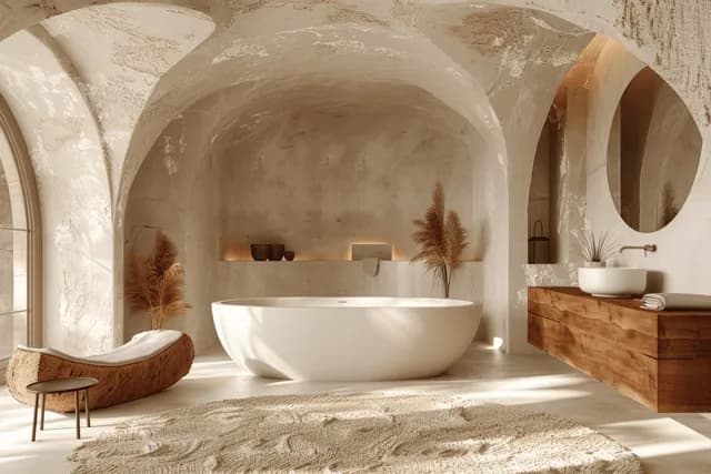 A freestanding white bathtub sits in a minimalist bathroom beneath an arched ceiling with warm light, wood vanity, and round mirror.