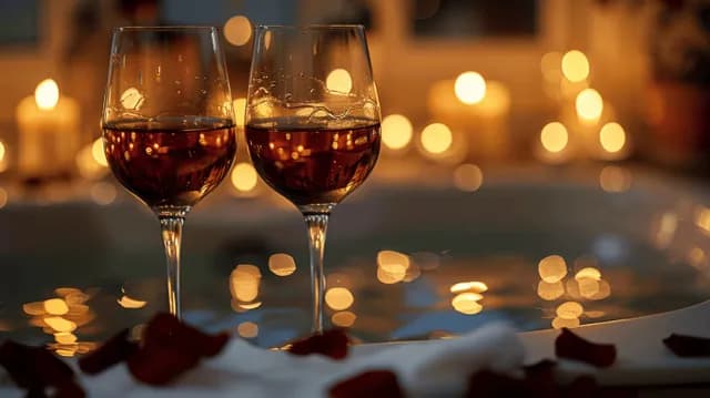 Duas taças de vinho tinto ao lado de uma banheira cheia de espuma com velas brilhantes