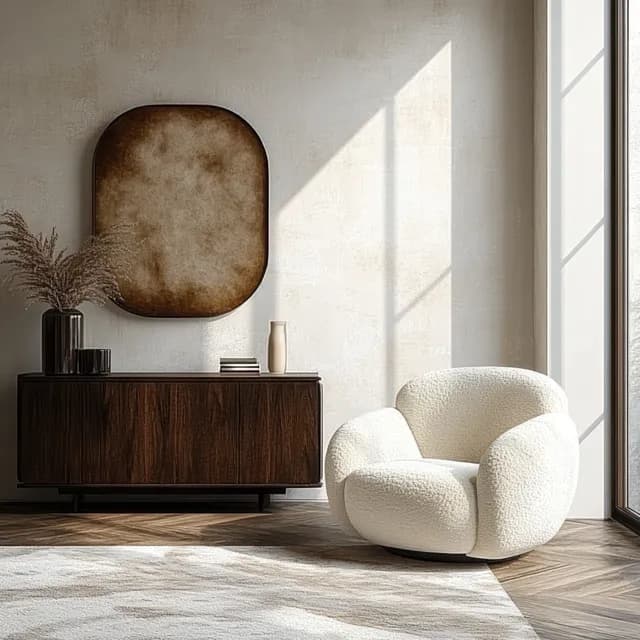 Plush white armchair and dark wooden sideboard sit in a sunlit Scandinavian living room with minimalist wall art.