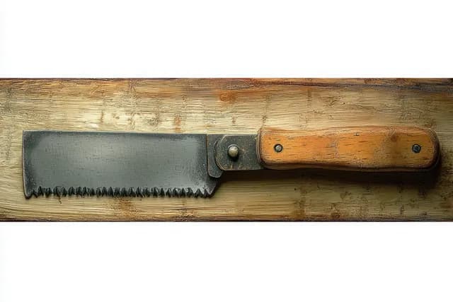 Vintage serrated hand saw with a wooden handle lies on textured wood, showing worn rusty teeth.