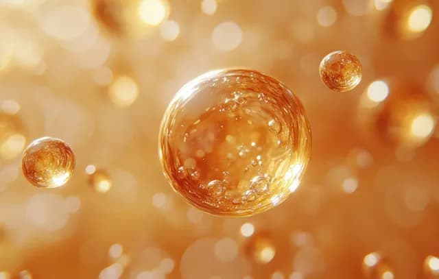 Macro golden oil droplet with tiny bubbles floating over a warm glowing bokeh background.