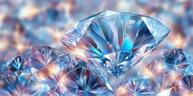 Faceted blue diamonds sparkle with warm and blue light reflections across their crisp surfaces.