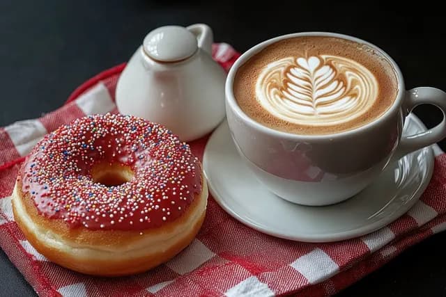 Pink sprinkle donut next to a cappuccino with latte art and a small white creamer on red checkered cloth.