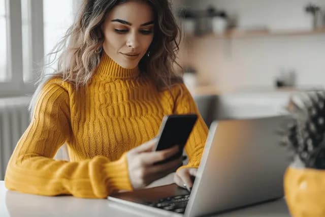 Young woman in yellow sweater using a smartphone while working on a laptop desk