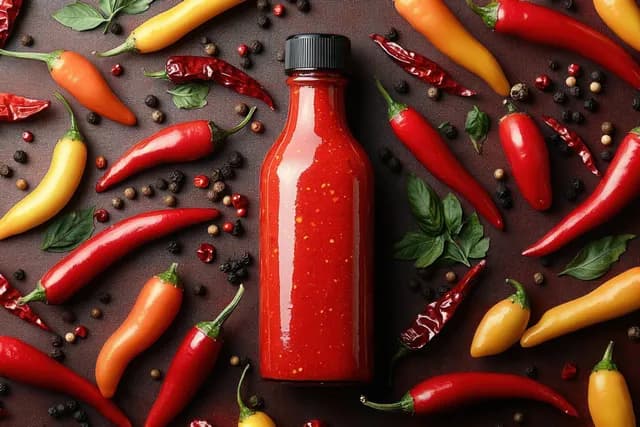 Red hot sauce bottle surrounded by chili peppers, basil leaves, and peppercorns on a dark background.