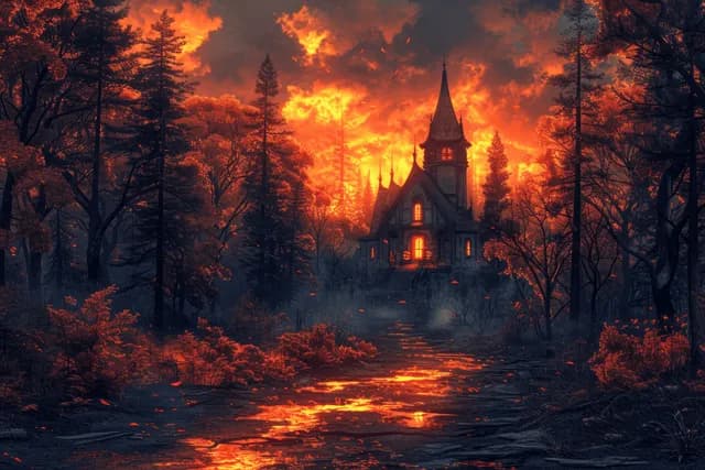 A gothic house glows through smoke in a burning forest under an intense orange dramatic sky.
